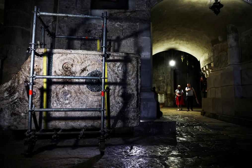 A stone slab said to be the decorated frontal of the Crusader-era high altar of the Church of the Holy Sepulchre is seen in Jerusalem's Old City. Ronen Zvulun/Reuters